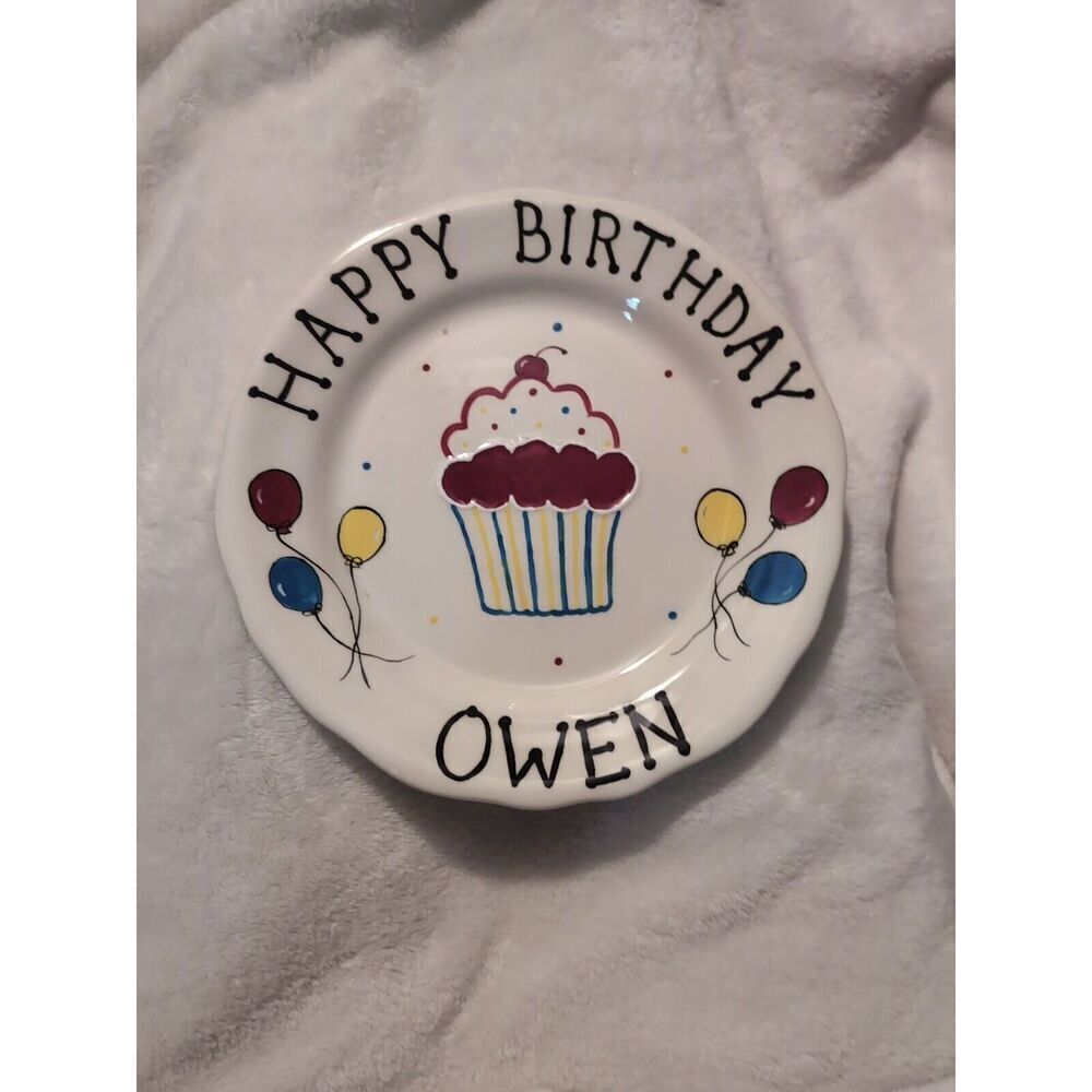 Happy Birthday Owen Plate 10" Cupcake Balloons